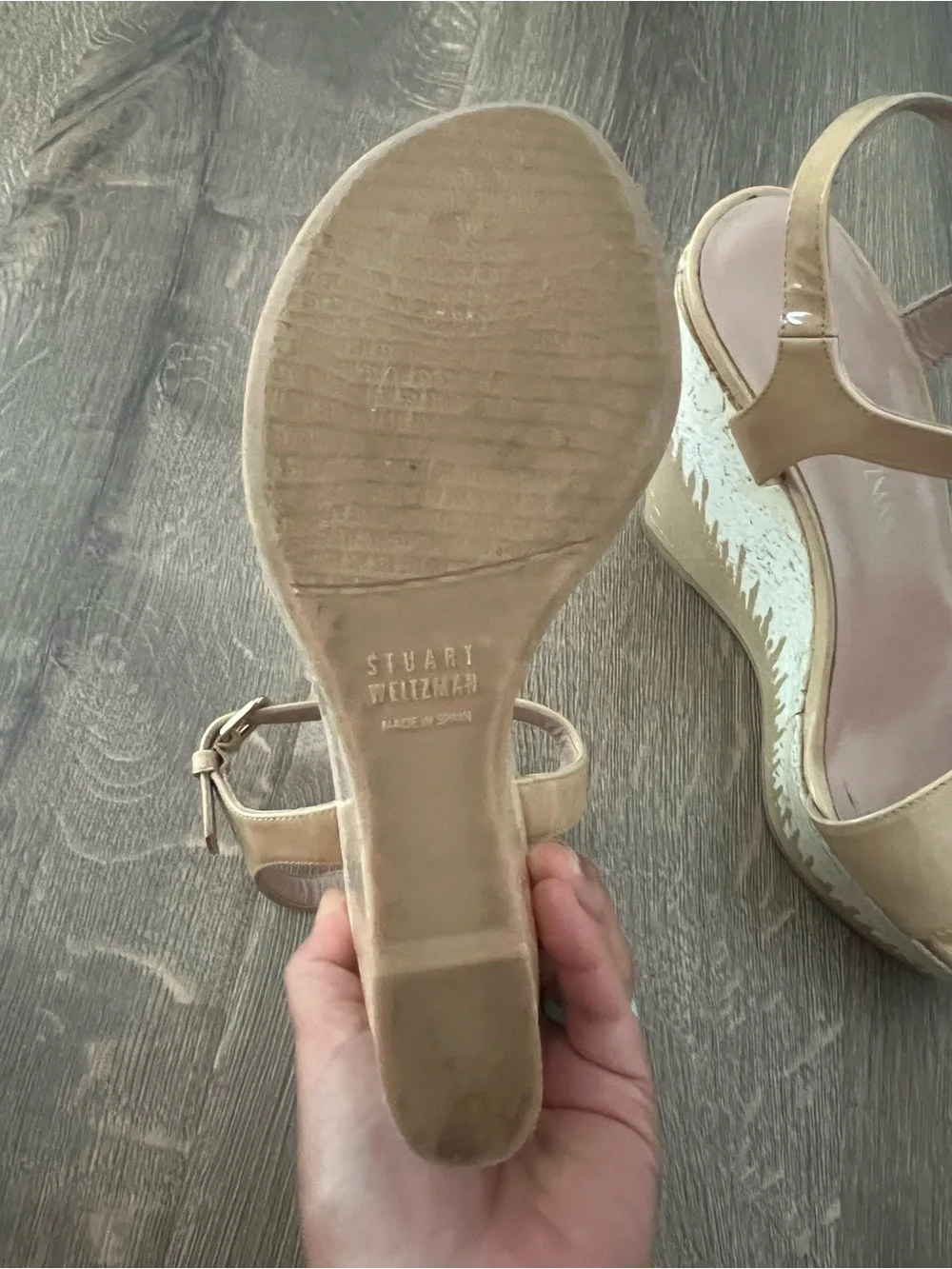 Stuart Weitzman Patent Tan Platform Wedge Sandals - Picture 6 of 13